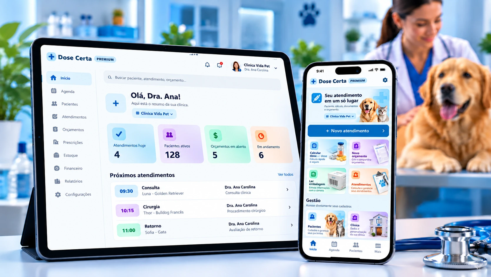 Dose Certa PRO em tablet e celular com gestão da clínica, Home Resumo e Home de Atalhos