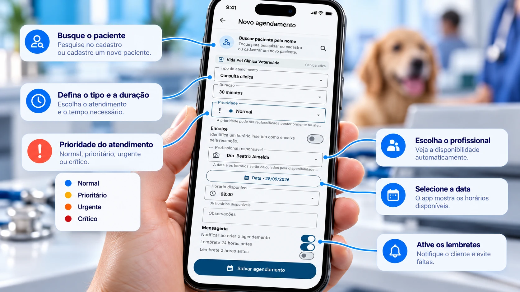 Novo agendamento com prioridade, encaixe e lembretes