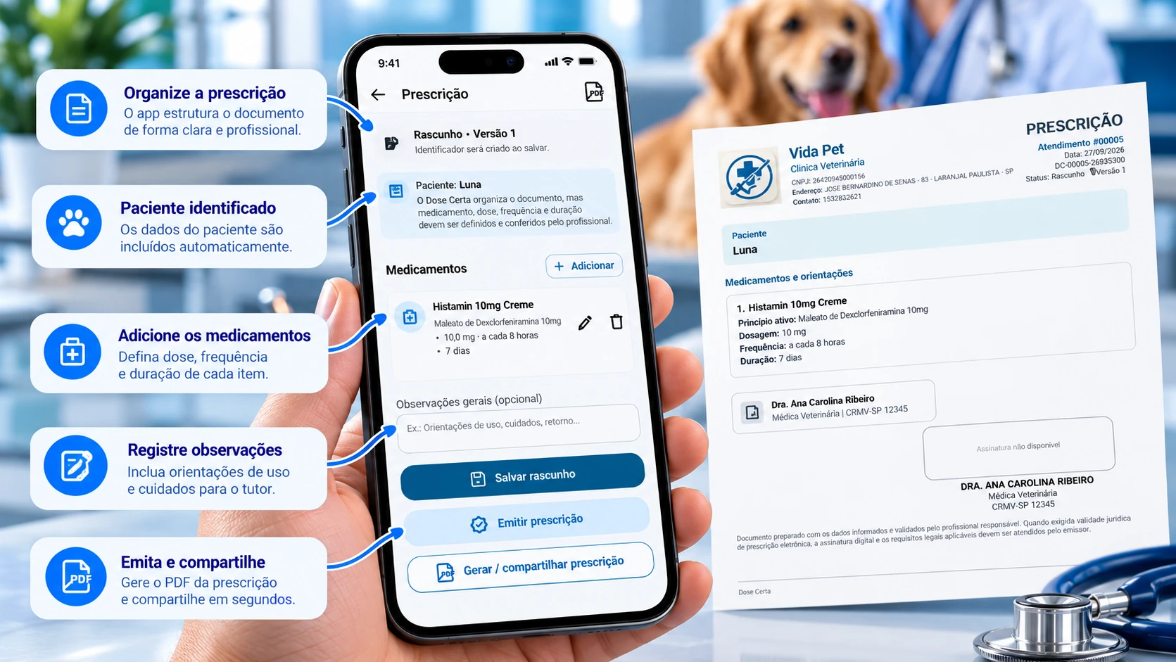 Fluxo de prescrição do Dose Certa com tela do aplicativo e documento em PDF